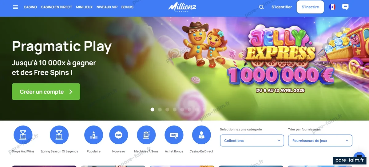 Page d'accueil de Millionz Casino, avec les catégories de jeux et la campagne en cours