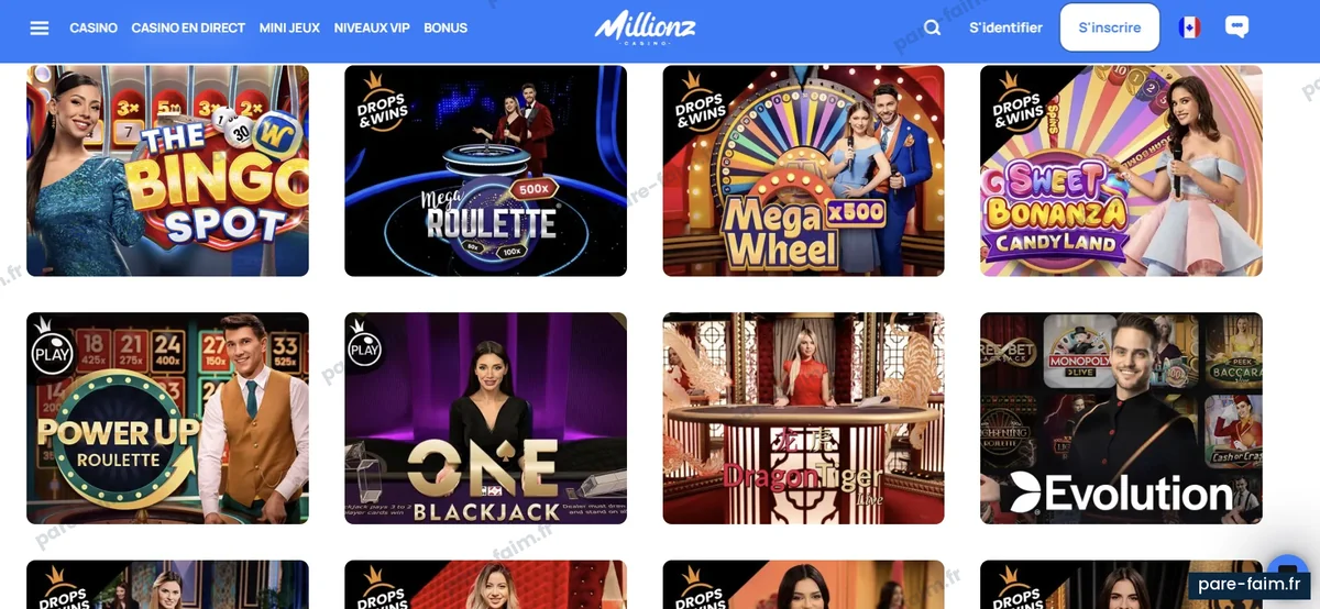 Section casino en direct de Millionz avec les tables Evolution et Pragmatic Live