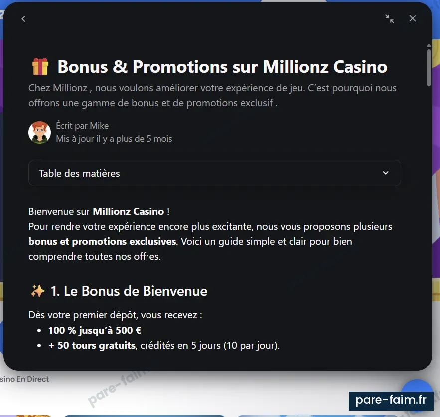 Page d'aide de Millionz détaillant le bonus de bienvenue