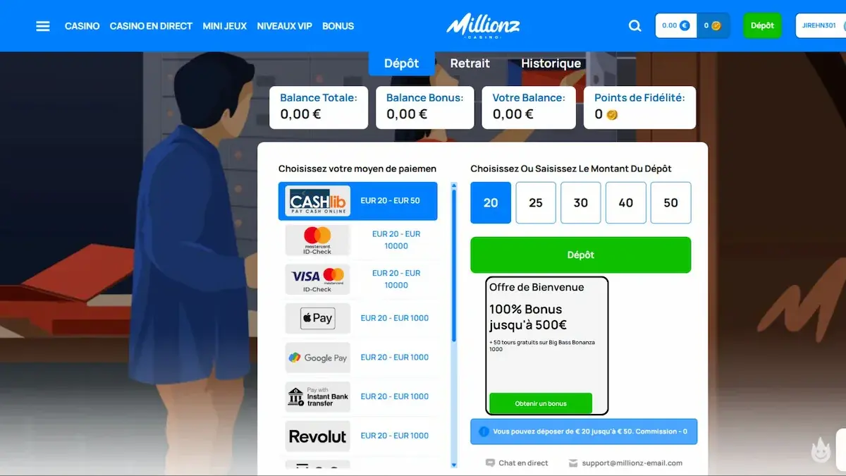 Illustration des options rapides pour effectuer un premier dépôt après inscription.