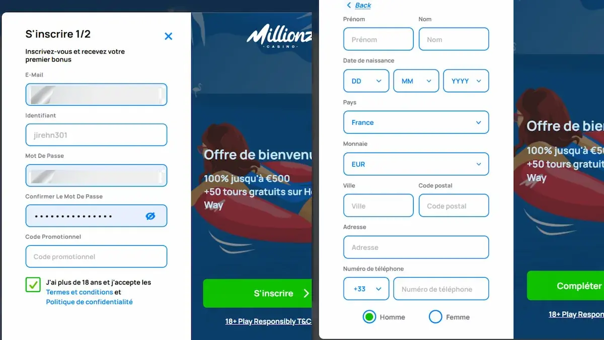 Formulaire d'inscription rapide et sécurisé pour créer un compte joueur Millionz.