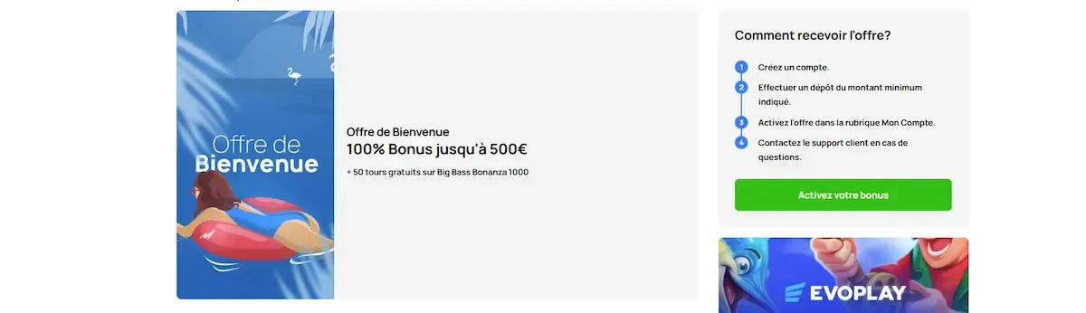 Interface détaillant les étapes pour activer facilement le bonus de bienvenue.