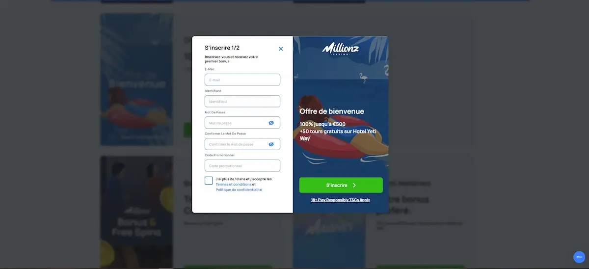 Écran d'accueil présentant les avantages exclusifs pour les nouveaux joueurs Millionz.