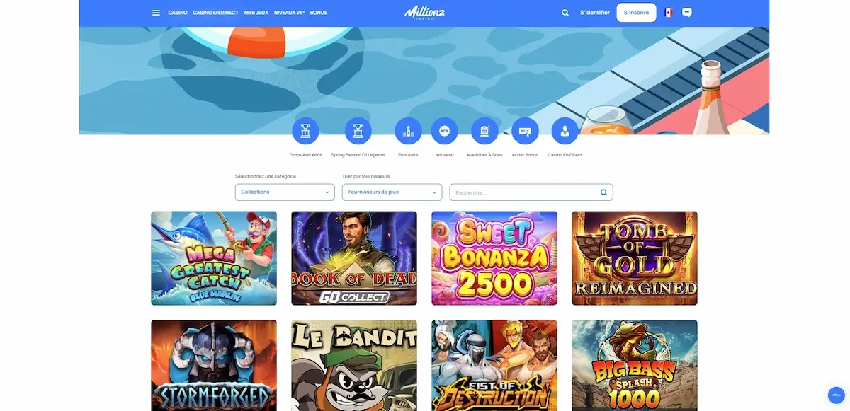 Section dédiée aux milliers de machines à sous disponibles sur Millionz.